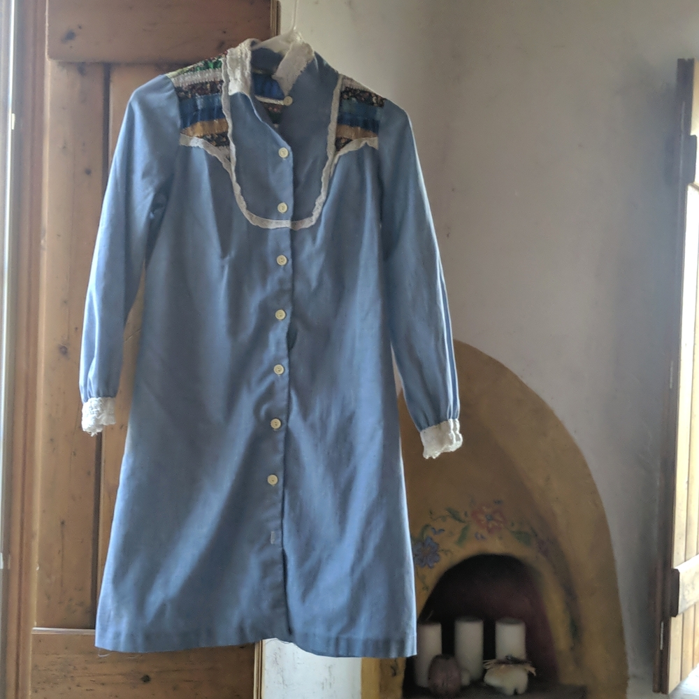 Handmade vintage chambray and rickrack with lace trim dress